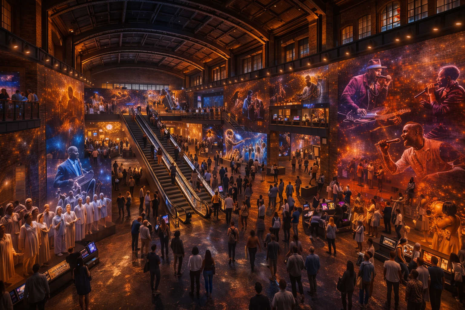 Interior of the Chicago Music Experience — a multi-story immersive hall with projected murals of Chicago music legends, escalators, and visitors.
