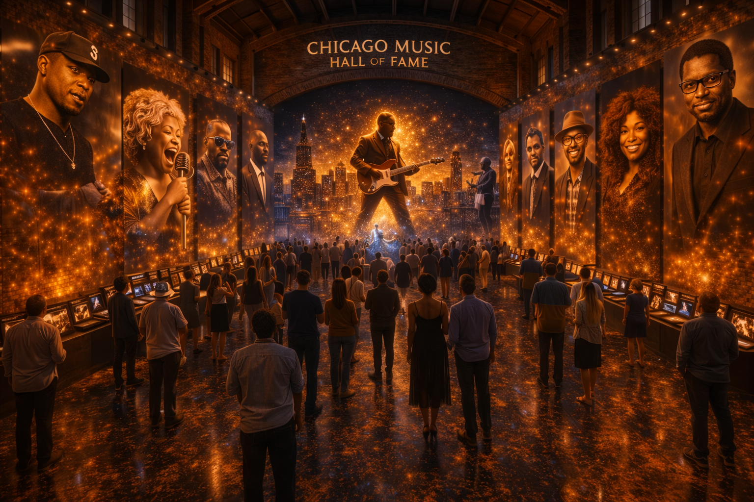 The Chicago Music Hall of Honor — a grand hall with illuminated portraits of Chicago music legends and a central performance stage.
