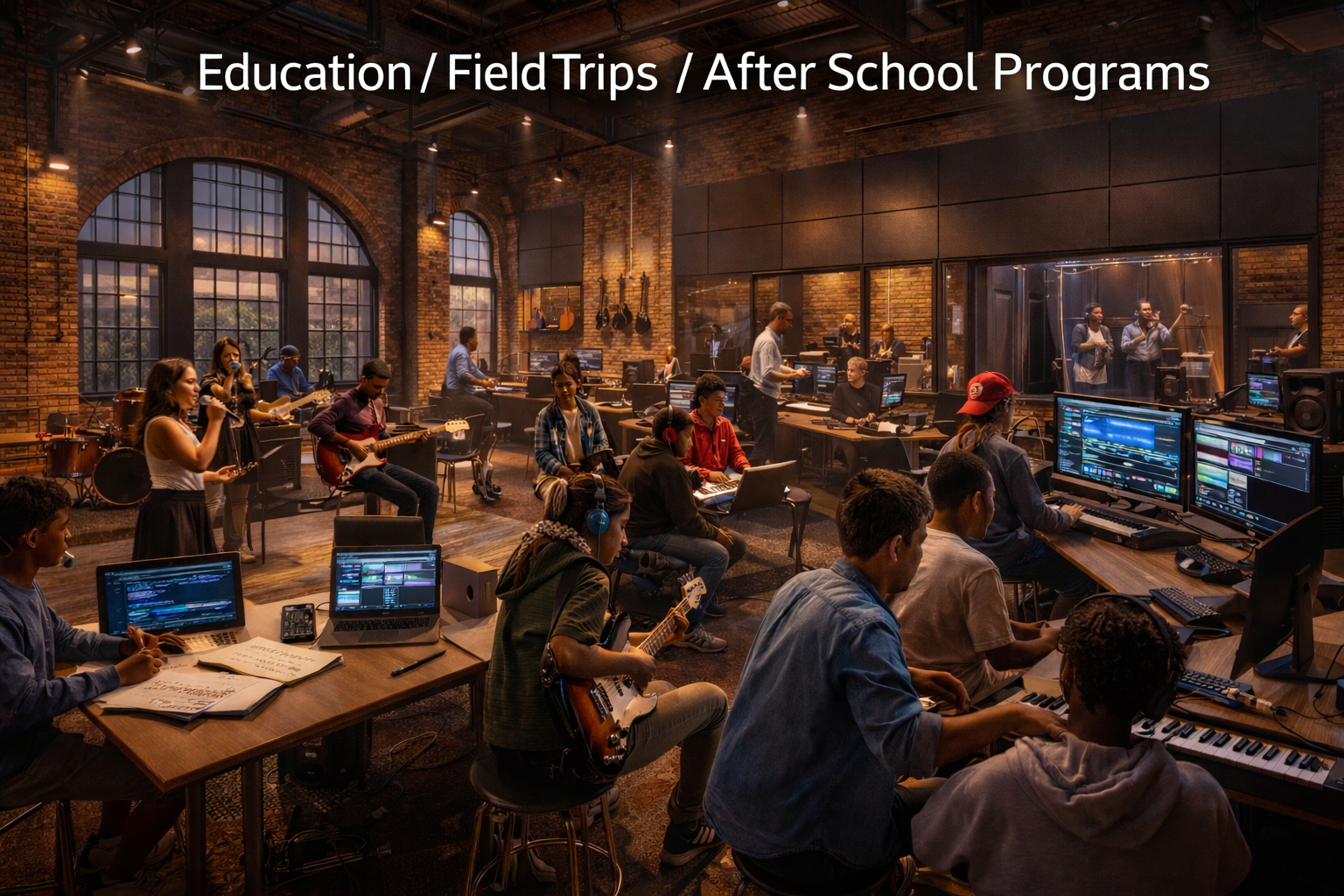 A music education space — young students learning music production on laptops, playing instruments, and working in a professional recording studio.