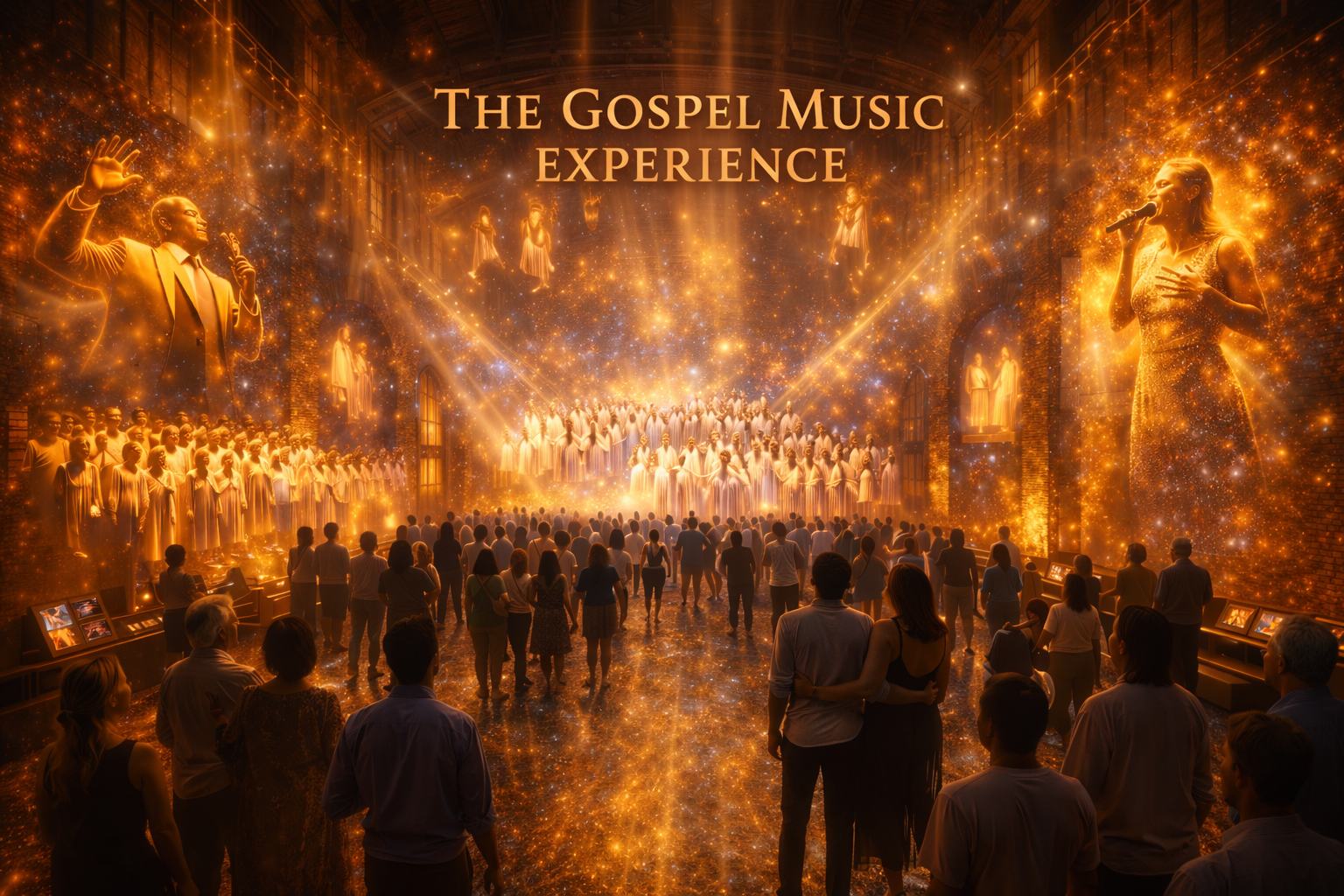 The Gospel Music Experience — an immersive hall filled with golden light, a projected choir, and featured gospel vocalists.