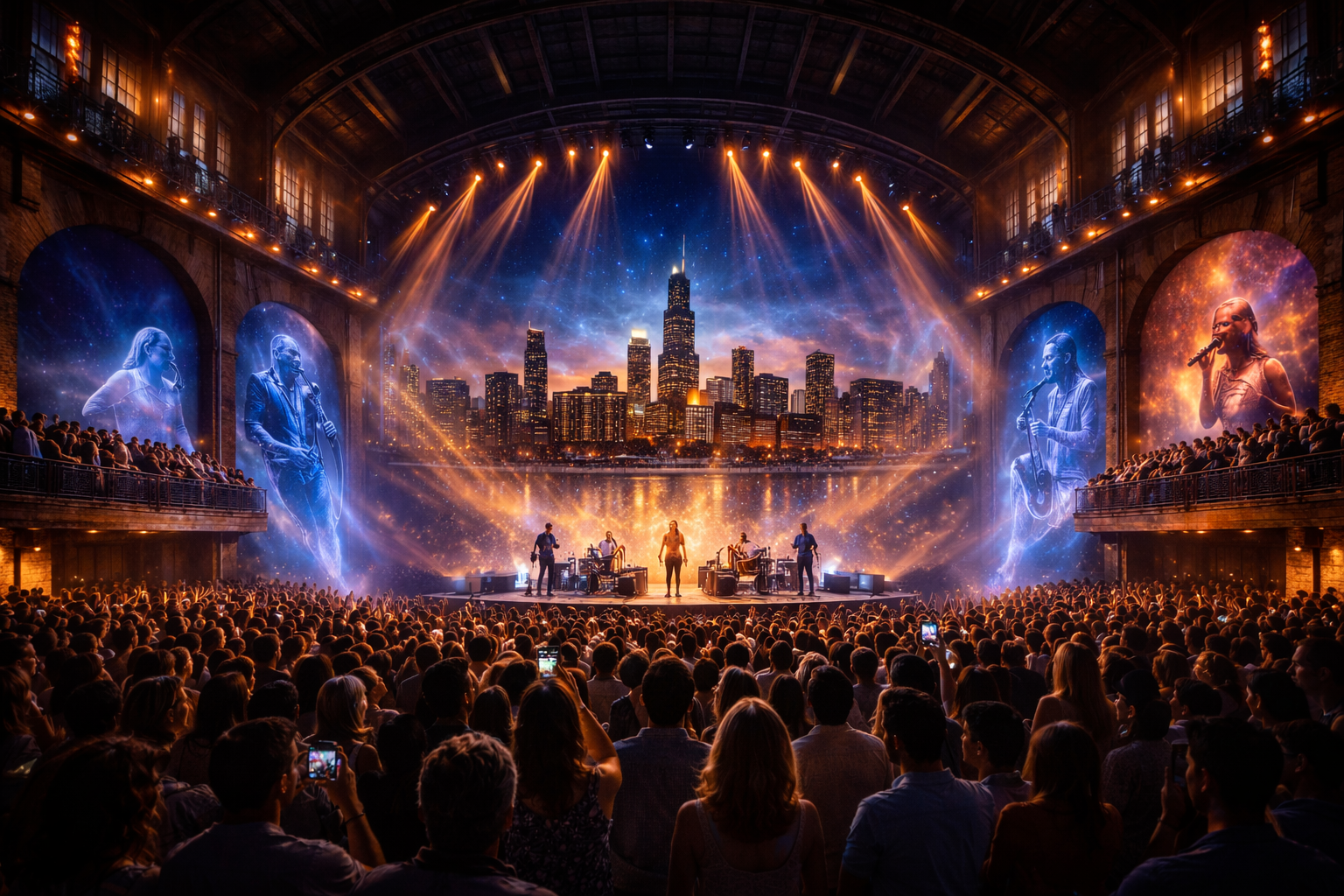 The Music Mecca performance hall with the Chicago skyline rendered on stage, immersive projection walls, and a packed audience.