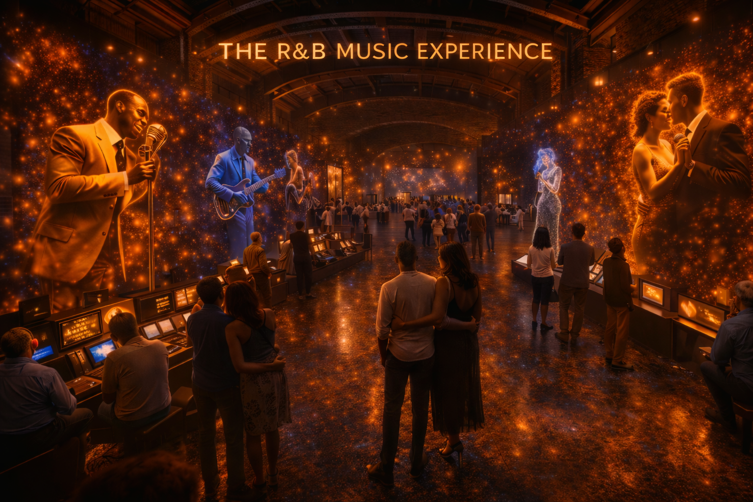 The R&B Music Experience — an immersive gallery featuring illuminated portraits and holographic performers amid warm golden light.