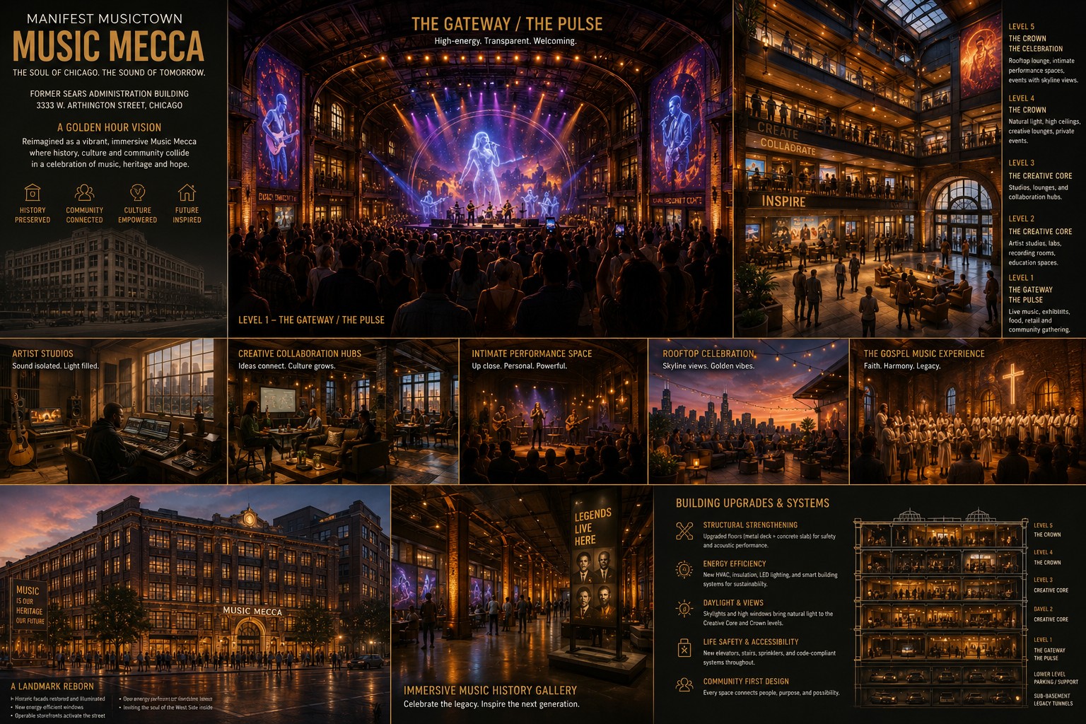 The full Music Mecca design board, showing all five levels of the building, its feature spaces, the building cross-section, and the planned structural and energy upgrades.