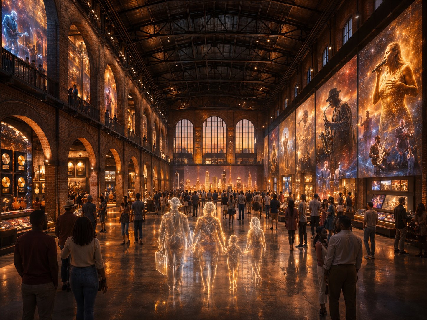 Visitors in the Music Mecca history gallery, with a family rendered in glowing light walking among murals of Chicago's musical legends.