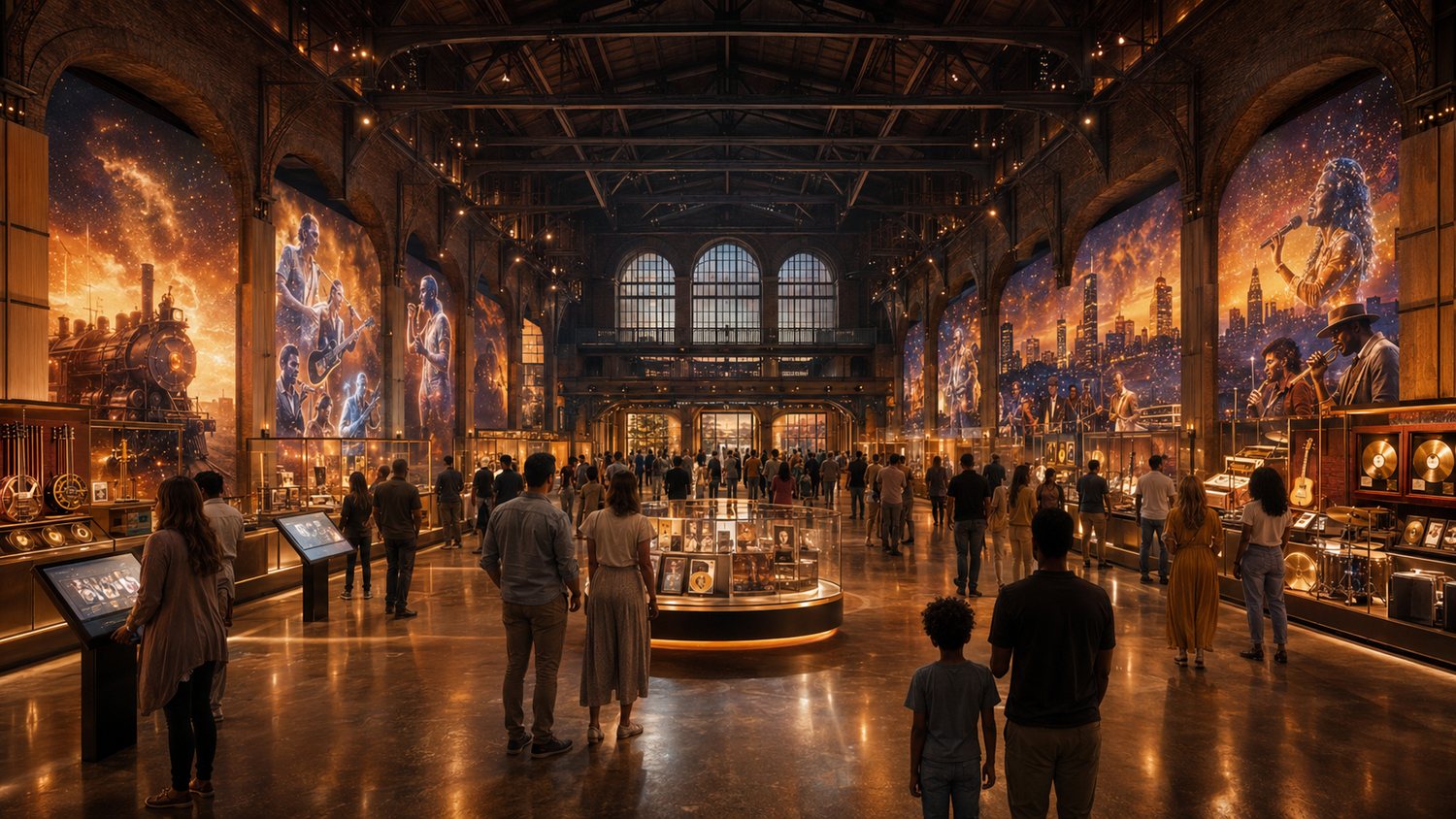 The immersive music history gallery at Music Mecca: towering murals of musicians and the Great Migration, glass cases of gold records and instruments, and visitors exploring.