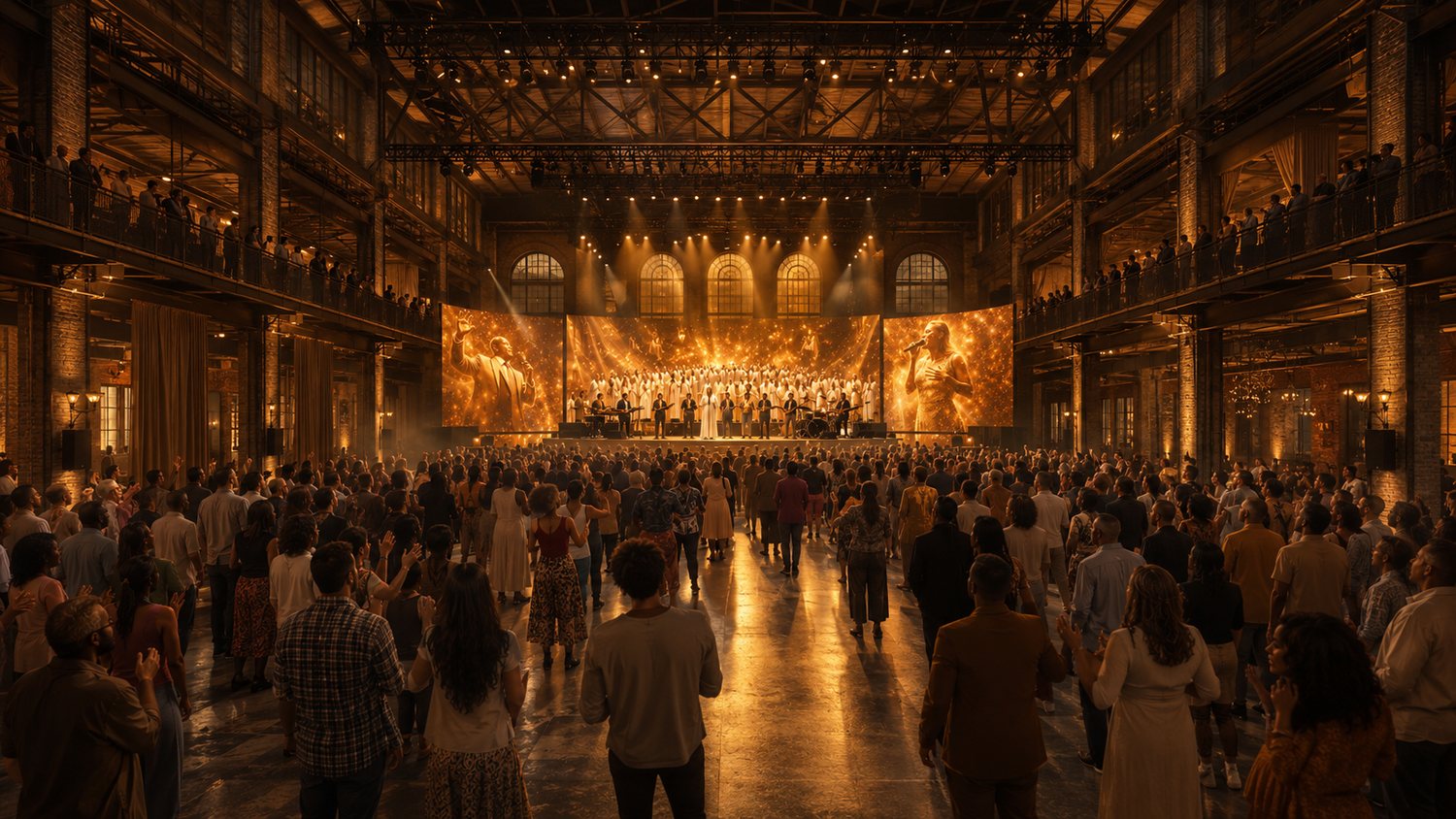 A gospel performance at Music Mecca: a robed choir on a golden-lit stage with a standing congregation, hands raised.