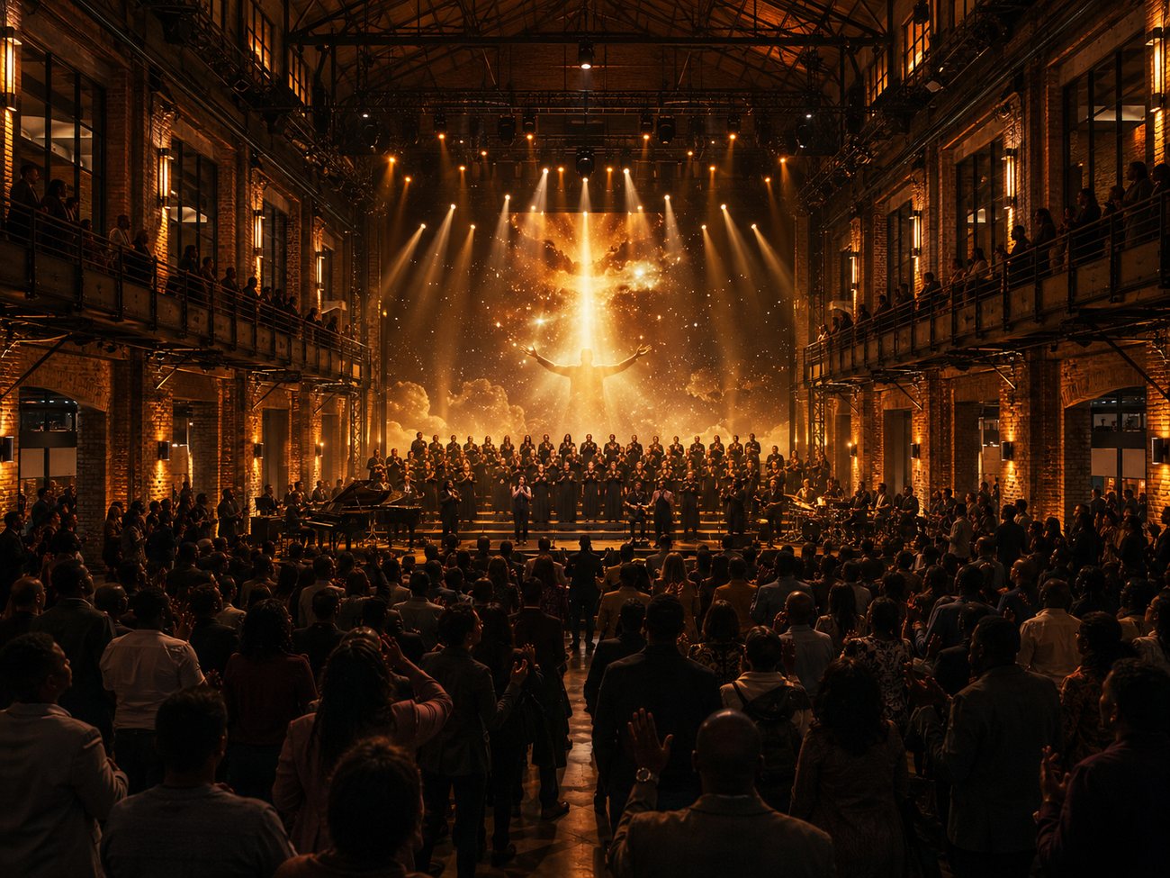 A gospel service at Music Mecca with a radiant figure of light projected above the choir and a standing congregation.