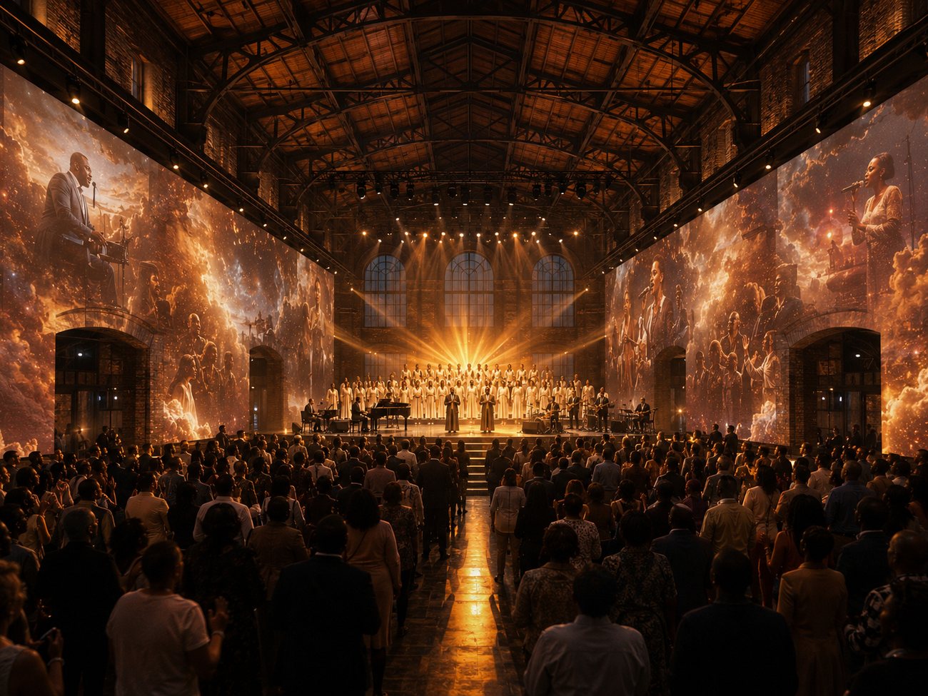 A gospel celebration at Music Mecca with a choir in white, a sunburst of light, and gospel singers projected across the side walls.