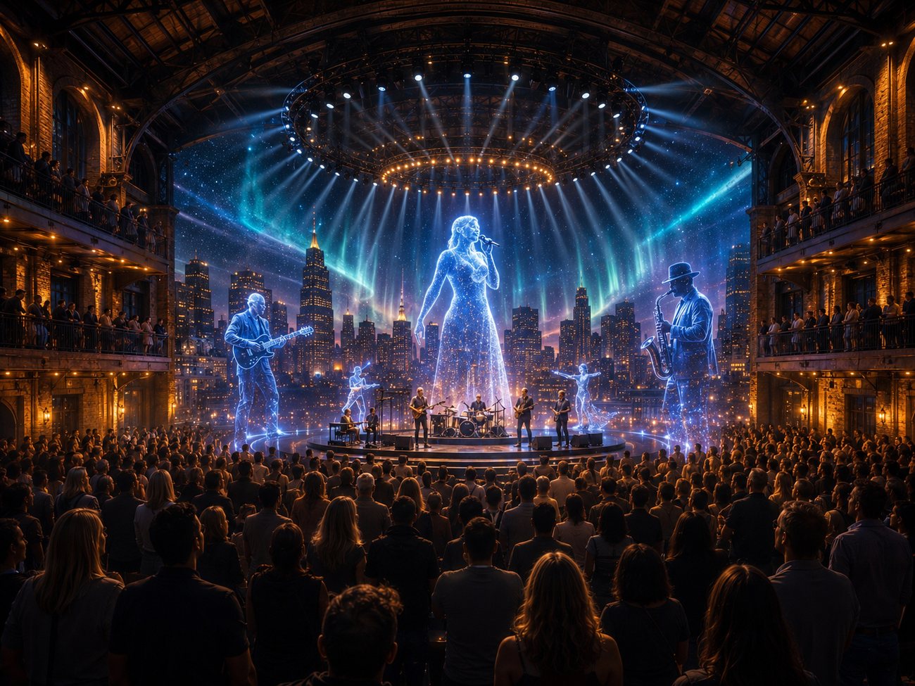 A futuristic concert at Music Mecca with luminous blue holographic performers and an aurora-lit Chicago skyline.