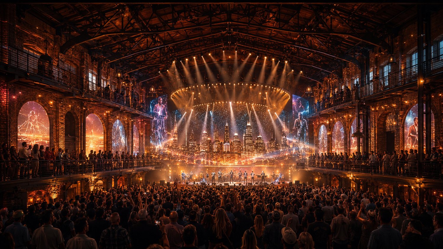 The main performance hall at Music Mecca: a full band on stage beneath a circular lighting rig, the Chicago skyline projected across the back wall, and a packed standing crowd.