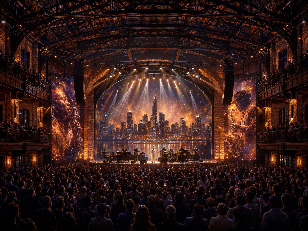 A concert at Music Mecca with the Chicago skyline projected across a giant arched screen, flanked by murals of a vocalist and a saxophonist.